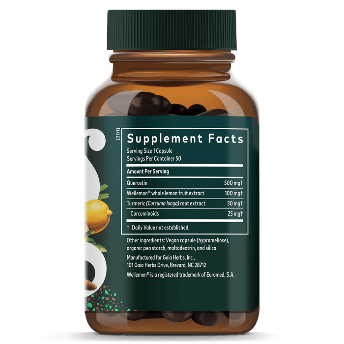 Gaia Herbs Quercetin Synergy Vegan Capsules || 50 ct Supplement Facts Bottle Panel