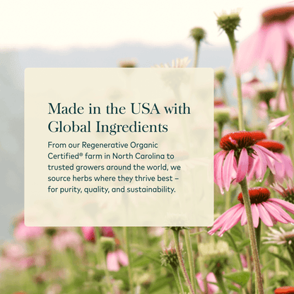 Made in the USA with Global Ingredients words on an echinacea field background