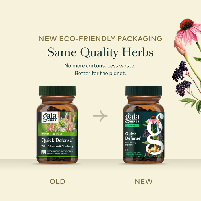 Gaia Herbs Quick Defense for Immune Support || 20 ct Old New Comparison