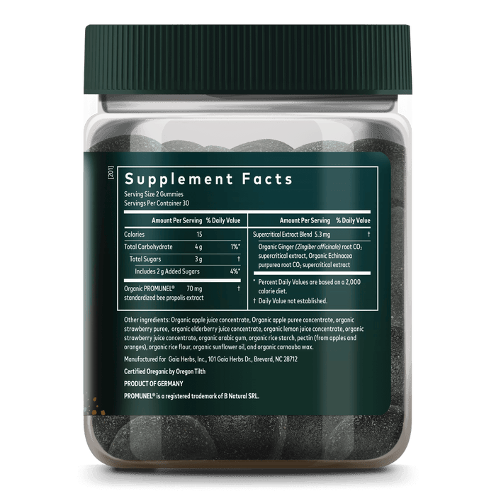 Gaia Herbs Immune Rapid Defense Gummies || 60 ct Supplement Facts Bottle Panel