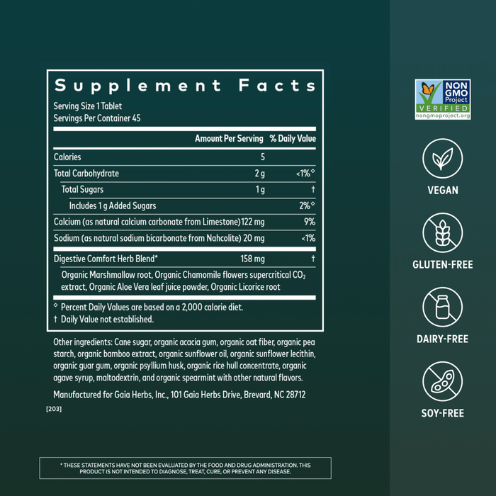 Gaia Herbs Reflux Relief for Digestive Support || 45 ct Supplement Facts