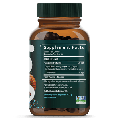 Gaia Herbs Reishi & Cordyceps formerly Respiratory Mushroom Blend || 40 ct Supplement Facts Bottle Panel
