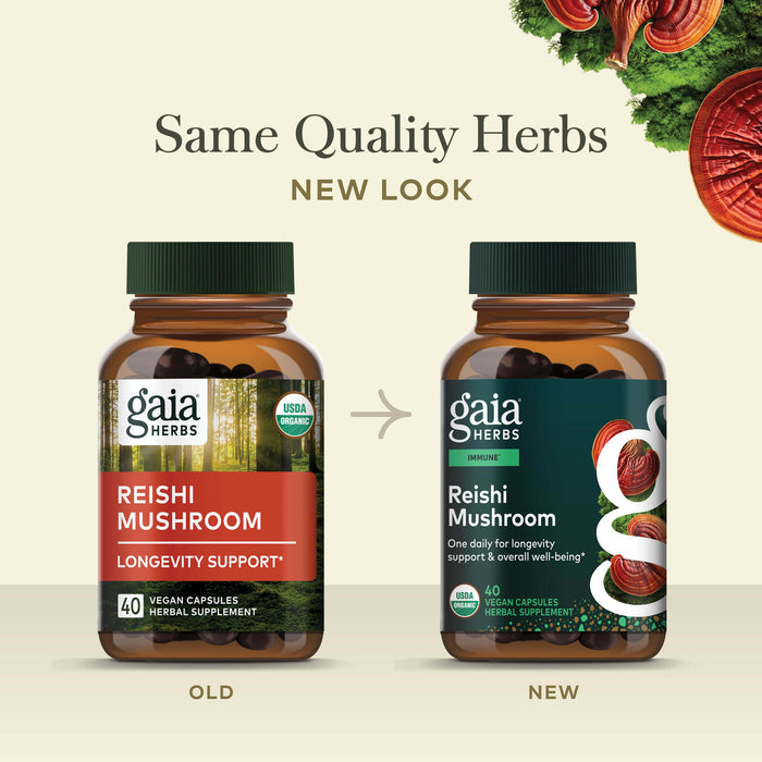 Reishi Mushroom 40 count Old Label Versus New Label Comparison