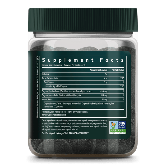 Gaia Herbs Relax Gummies || 45 ct Supplement Facts Bottle Panel