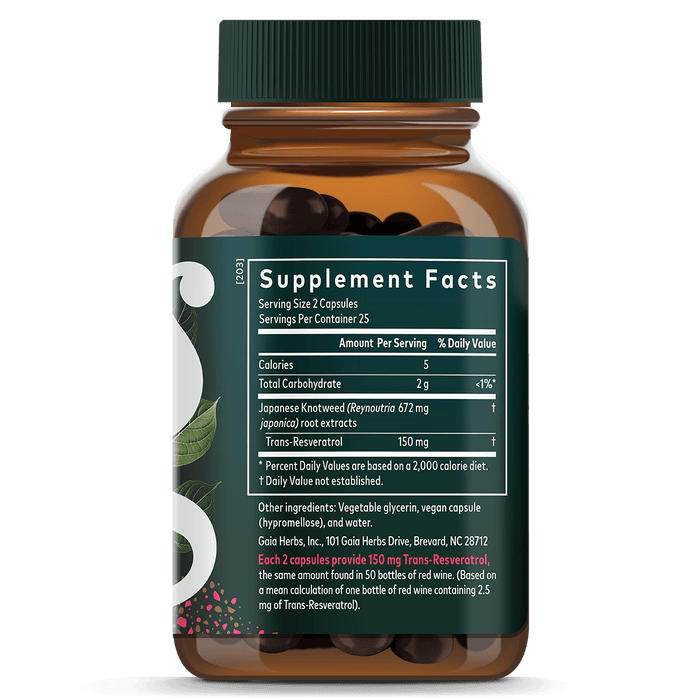 Gaia Herbs Resveratrol supplement 150 mg for Heart Support 50 ct Supplement Facts Bottle Panel