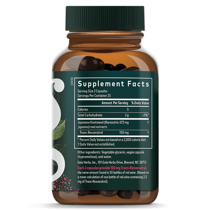 Gaia Herbs Resveratrol supplement 150 mg for Heart Support 50 ct Supplement Facts Bottle Panel