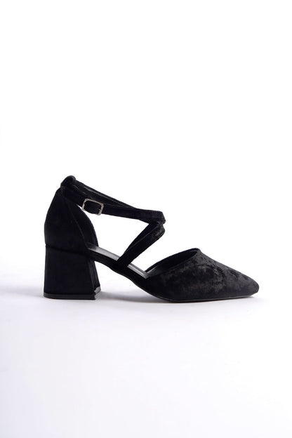 Rhea | Black Velvet Criss Cross Mid Heels