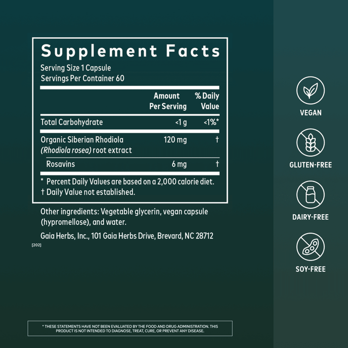 Gaia Herbs Rhodiola Rosea Pills for Stress Support || 60 ct Supplement Facts