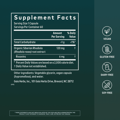 Gaia Herbs Rhodiola Rosea Pills for Stress Support || 60 ct Supplement Facts