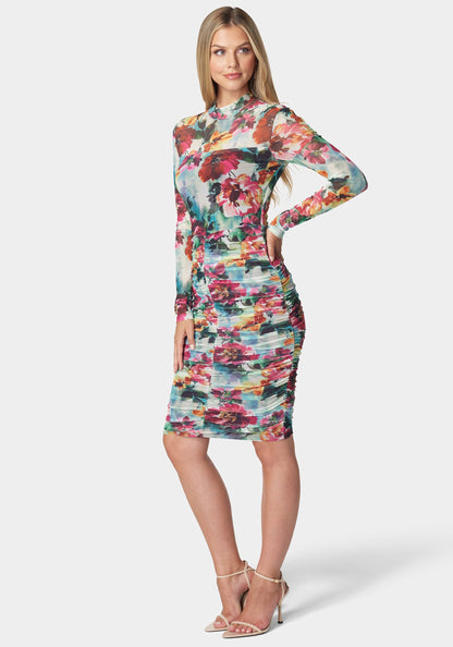 Printed Ruched Mesh Midi Dress