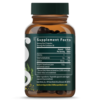 Gaia Herbs Sauerkraut Postbiotic || 60 ct Supplement Facts Bottle Panel