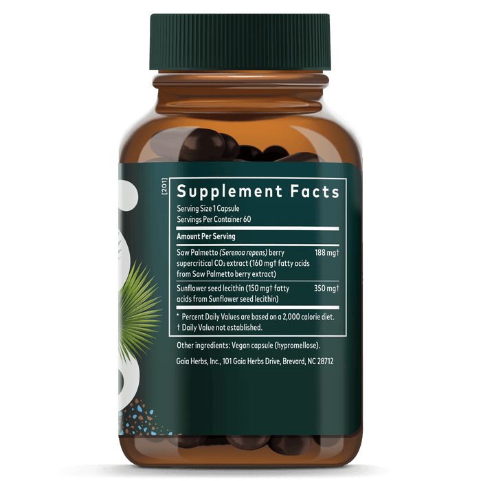 Gaia Herbs Saw Palmetto Pills for Men || 60 ct Supplement Facts Bottle Panel