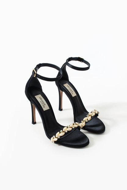 Scarlett | Black Satin High Heel Sandals with Pearl & Rhinestone