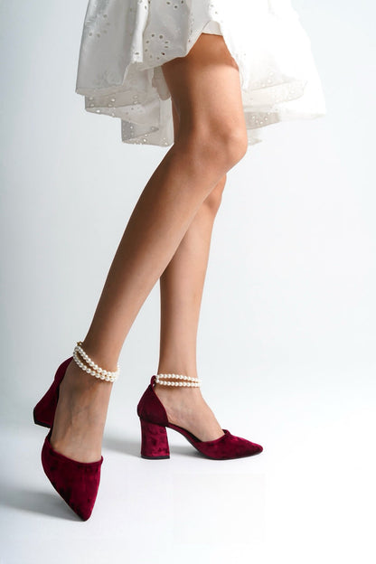 Senga | Burgundy Velvet High Heels with Pearls