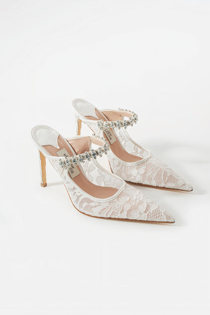 Serena | Ivory Lace High Heels with Rhinestone Strap