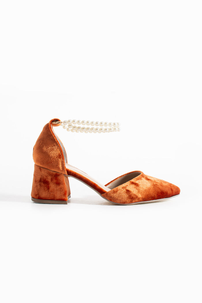 Shreya | Orange Velvet Mid Heels with Pearls