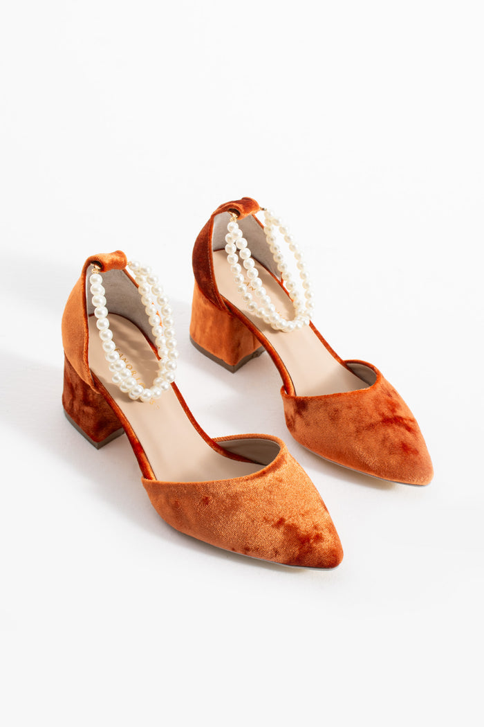Shreya | Orange Velvet Mid Heels with Pearls