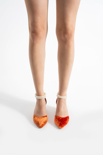 Shreya | Orange Velvet Mid Heels with Pearls