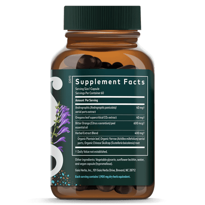 Gaia Herbs Sinus & Lung Supreme for Respiratory Support || 60 ct Supplement Facts Bottle Panel