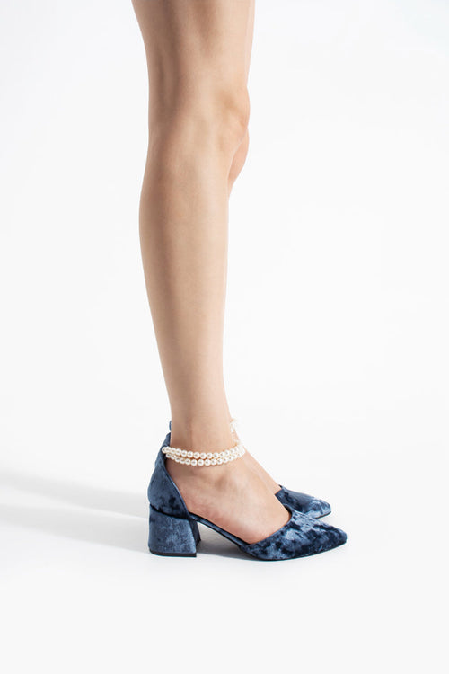 Sneha | Indigo Blue Velvet Mid Heels with Pearls