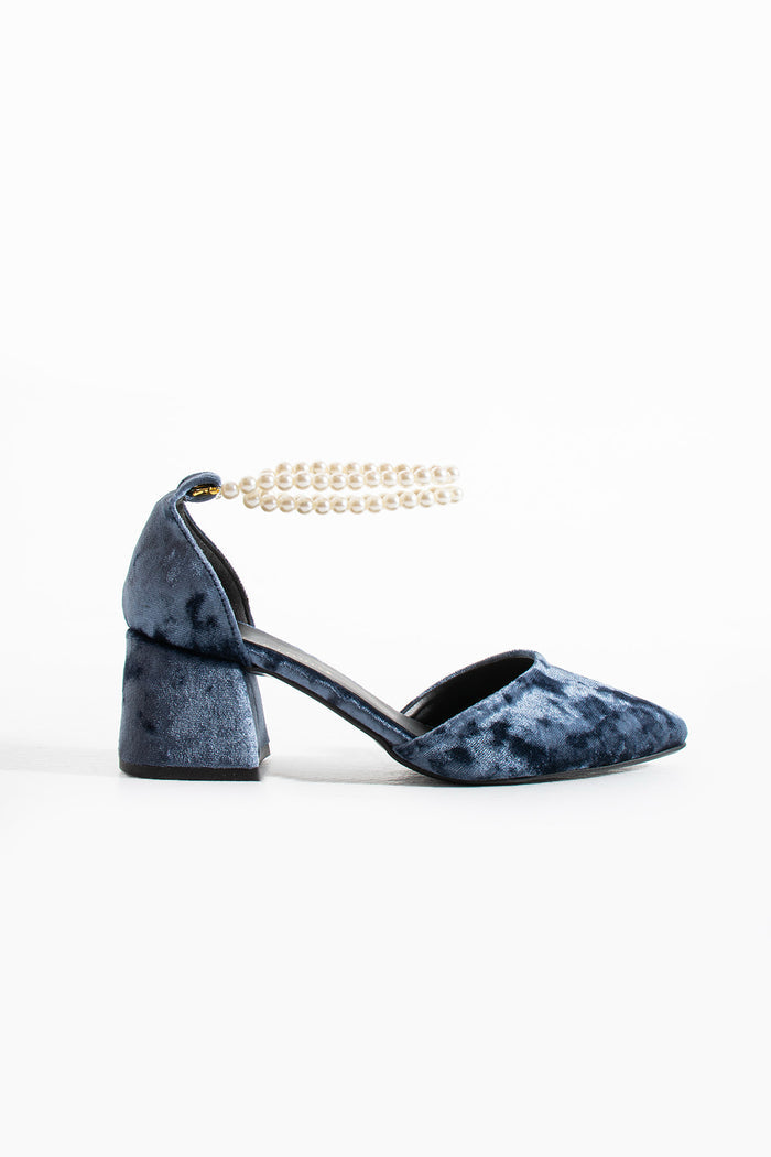 Sneha | Indigo Blue Velvet Mid Heels with Pearls