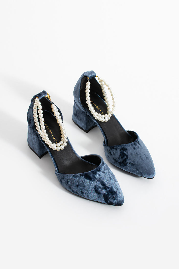 Sneha | Indigo Blue Velvet Mid Heels with Pearls