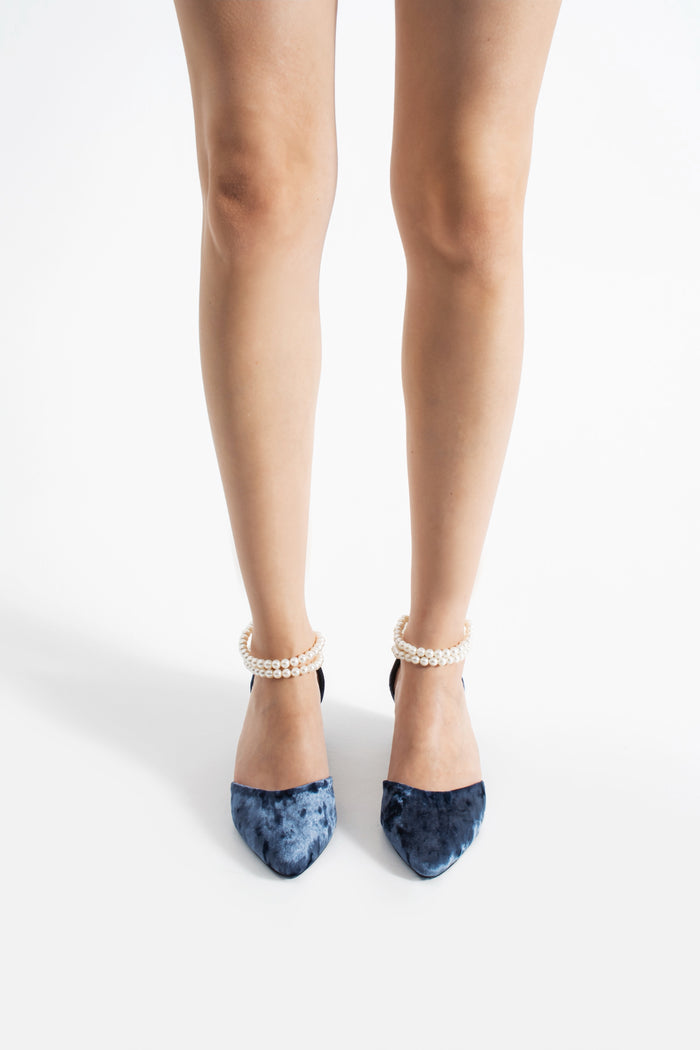 Sneha | Indigo Blue Velvet Mid Heels with Pearls
