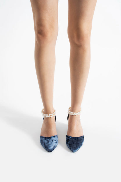 Sneha | Indigo Blue Velvet Mid Heels with Pearls