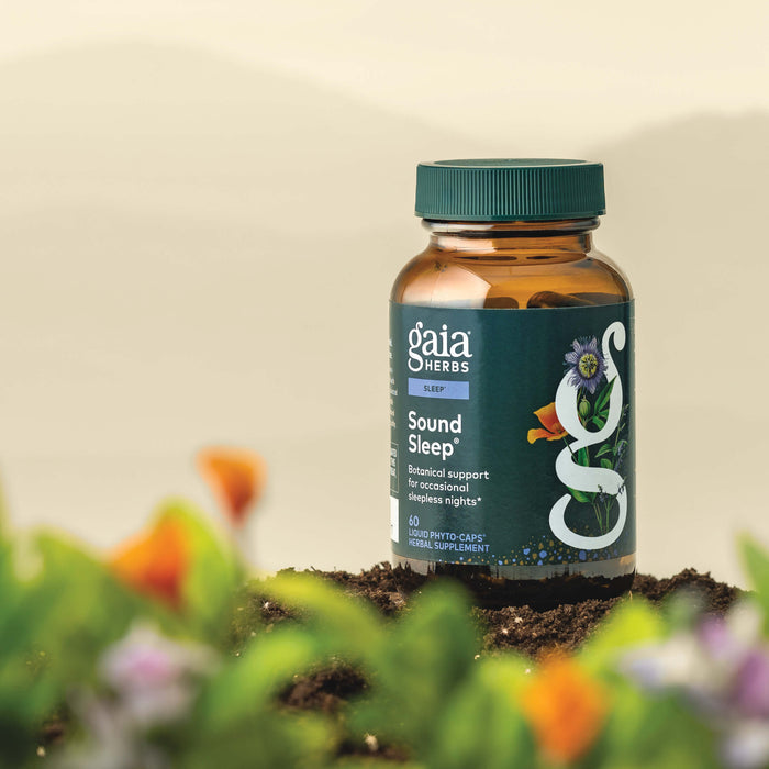 Gaia Herbs Sound Sleep 60 count supplement bottle with a natural background