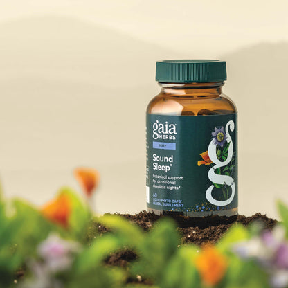Gaia Herbs Sound Sleep 60 count supplement bottle with a natural background