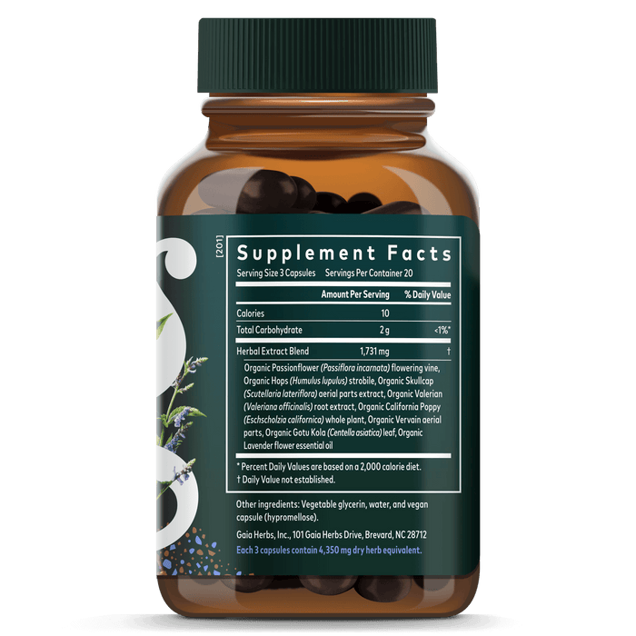 Gaia Herbs Sound Sleep for Sleep Support 60 ct Bottle Supplement Facts Panel