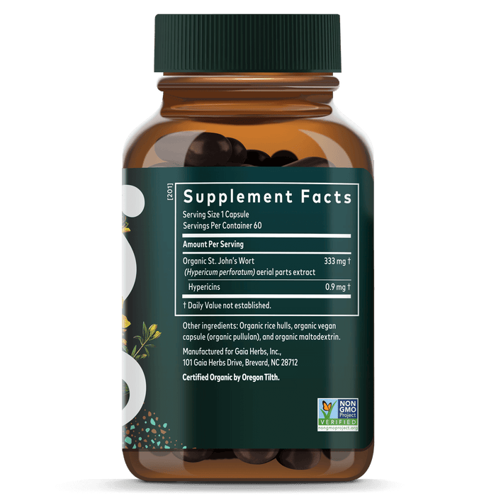 Gaia Herbs St. John's Wort for Stress Support || 60 ct Supplement Facts Bottle Panel