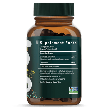 Gaia Herbs St. John's Wort for Stress Support || 60 ct Supplement Facts Bottle Panel