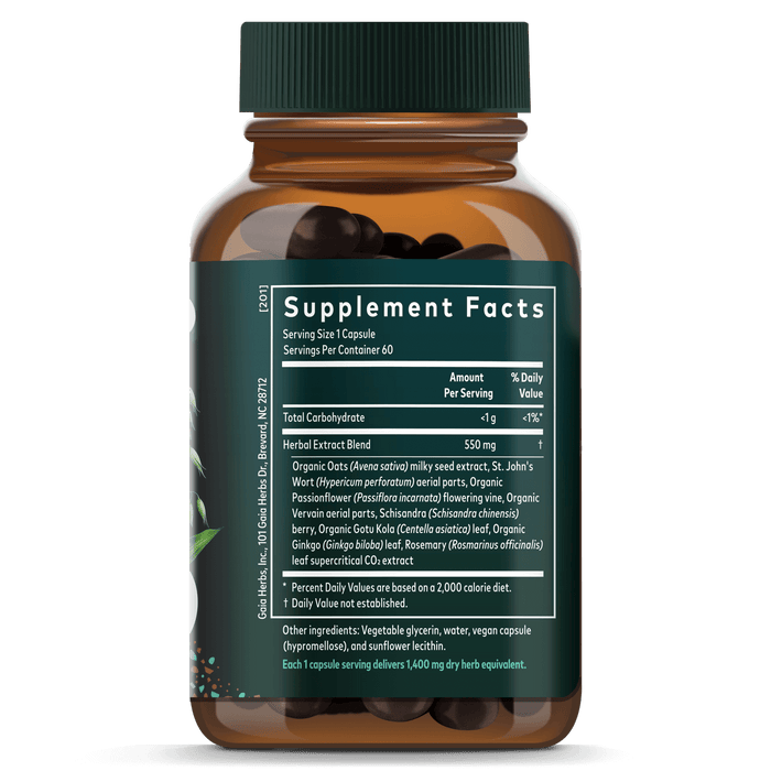 Gaia Herbs Steady Mind (Formerly Emotional Balance) for Stress Support || 60 ct Supplement Facts Bottle Panel