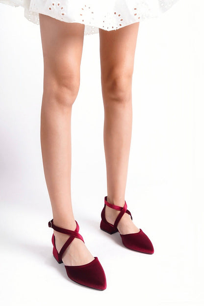 Svea | Burgundy Velvet Criss Cross Low Heels