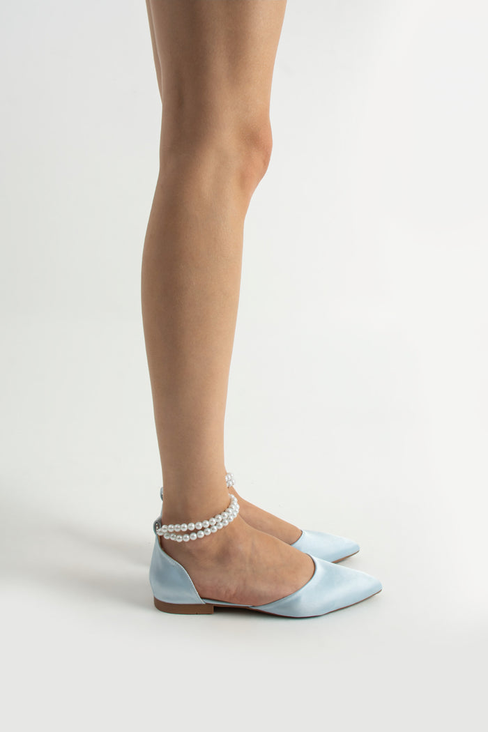 Swann | Baby Blue Satin Flats with Pearls