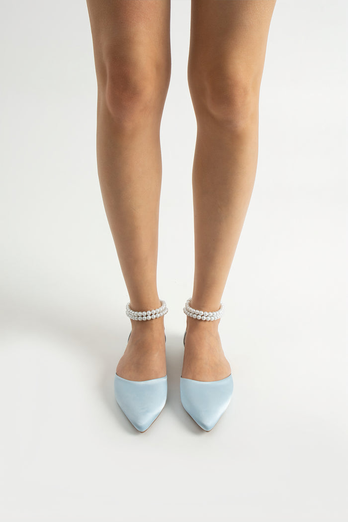 Swann | Baby Blue Satin Flats with Pearls