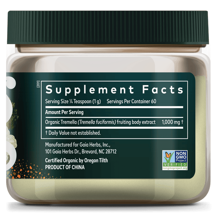 Gaia Herbs Tremella Mushroom Powder 2.12 Oz || Supplement Facts Bottle Panel