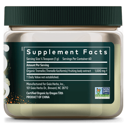 Gaia Herbs Tremella Mushroom Powder 2.12 Oz || Supplement Facts Bottle Panel