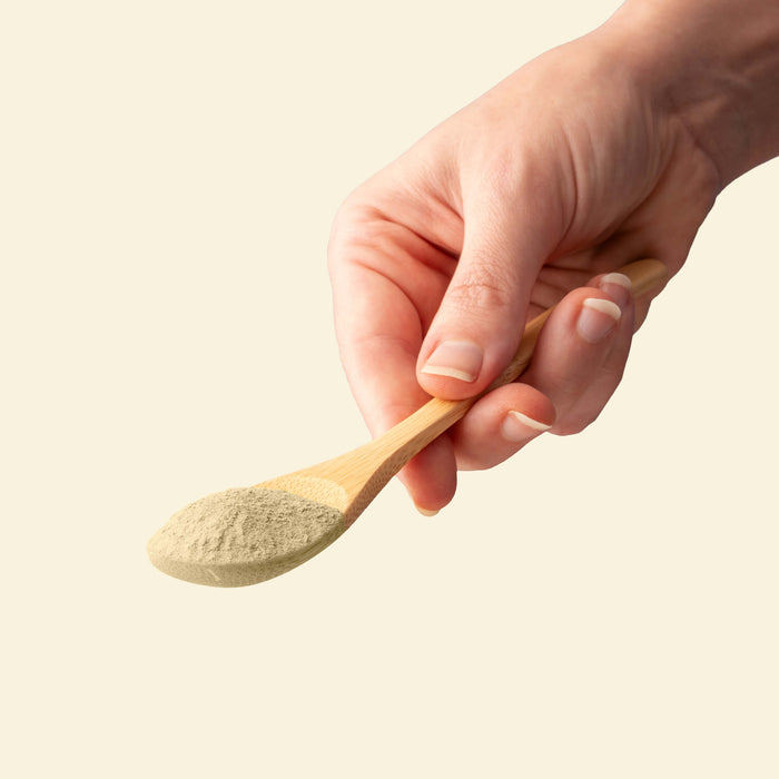 Hand holding a wooden spoon with beige powder against a beige background