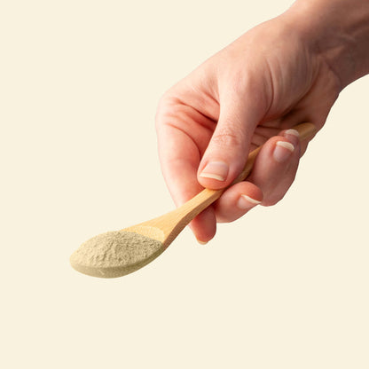Hand holding a wooden spoon with beige powder against a beige background