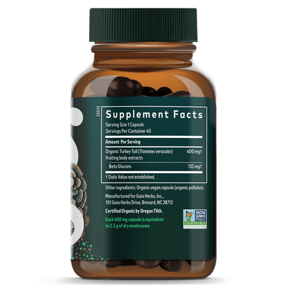 Turkey Tail Mushroom 40 ct Supplement Facts Bottle Panel