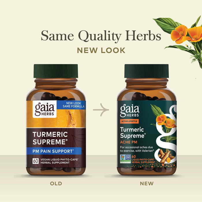 Turmeric Supreme Ache PM 60 count Old Label Versus New Label Comparison