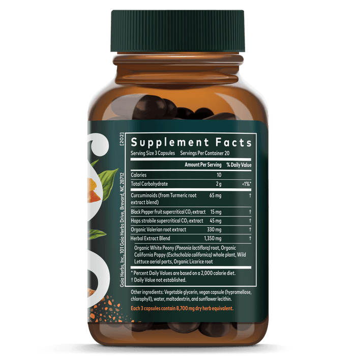 Gaia Herbs Turmeric Supreme Ache PM (formerly Pain P.M.) for Foundational Support || 60 ct Supplement Facts Bottle Panel