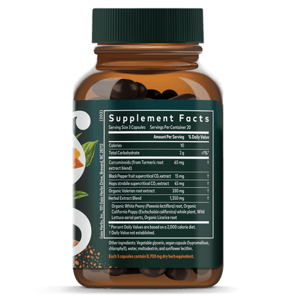 Gaia Herbs Turmeric Supreme Ache PM (formerly Pain P.M.) for Foundational Support || 60 ct Supplement Facts Bottle Panel
