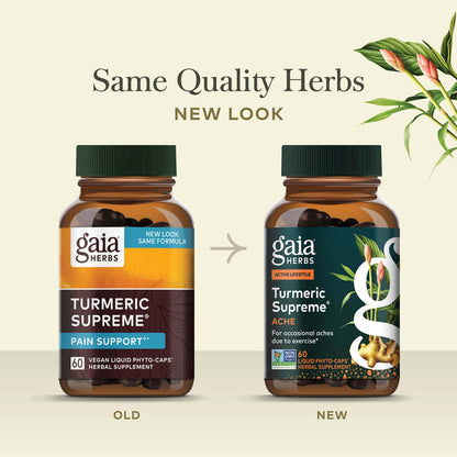 Turmeric Supreme Ache 60 count Old Label Versus New Label Comparison