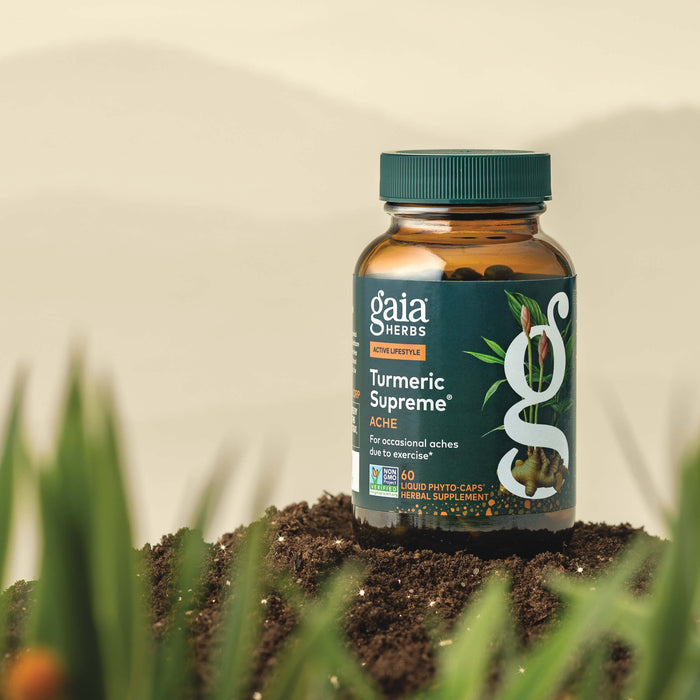 Gaia Herbs Turmeric Supreme Ache 60 count supplement bottle on a natural background with plants.
