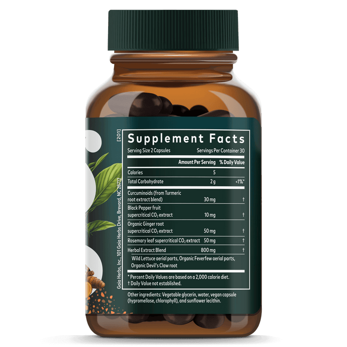 Gaia Herbs Turmeric Supreme Ache for Foundational Support || 60 ct (formerly Turmeric Supreme Pain Support) Supplement Facts Bottle Panel