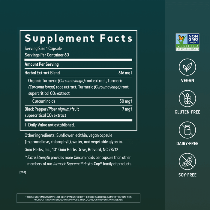 Gaia Herbs Turmeric Pills for Foundational Support || 60 ct Supplement Facts
