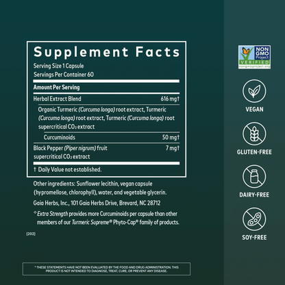 Gaia Herbs Turmeric Pills for Foundational Support || 60 ct Supplement Facts